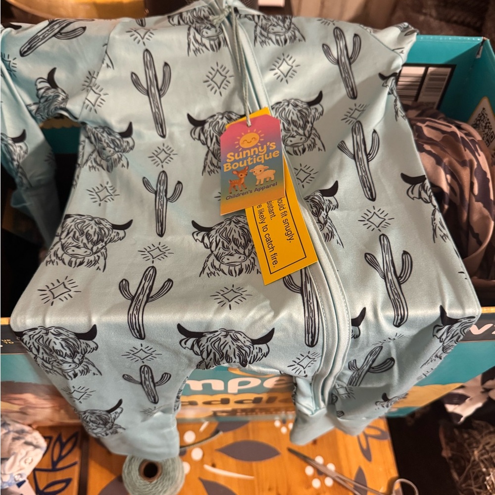 Kids' Mint Blue Cactus & Bison Zip Pajamas